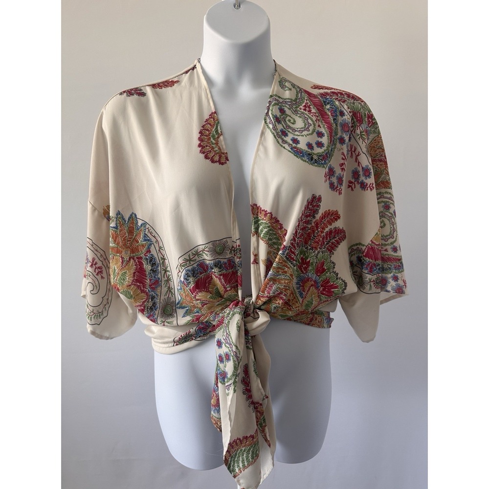 Sadie x Sage Kimono Sleeve Wrap Blouse, Ivory Multi Paisley, Sz: L (b55)